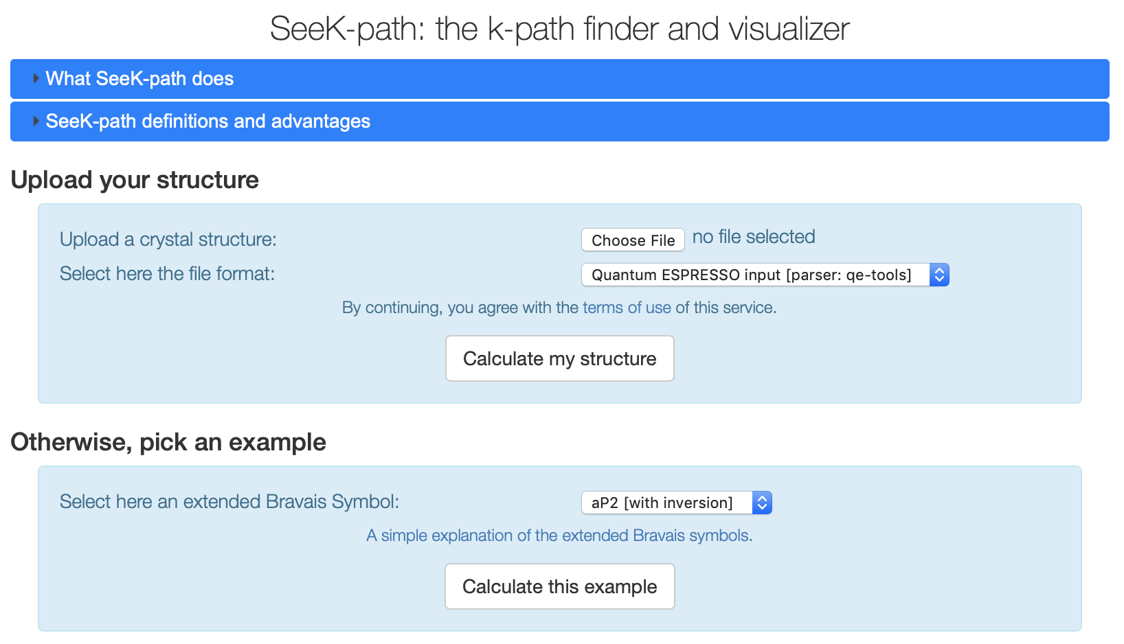 SeeK-path web service selection window