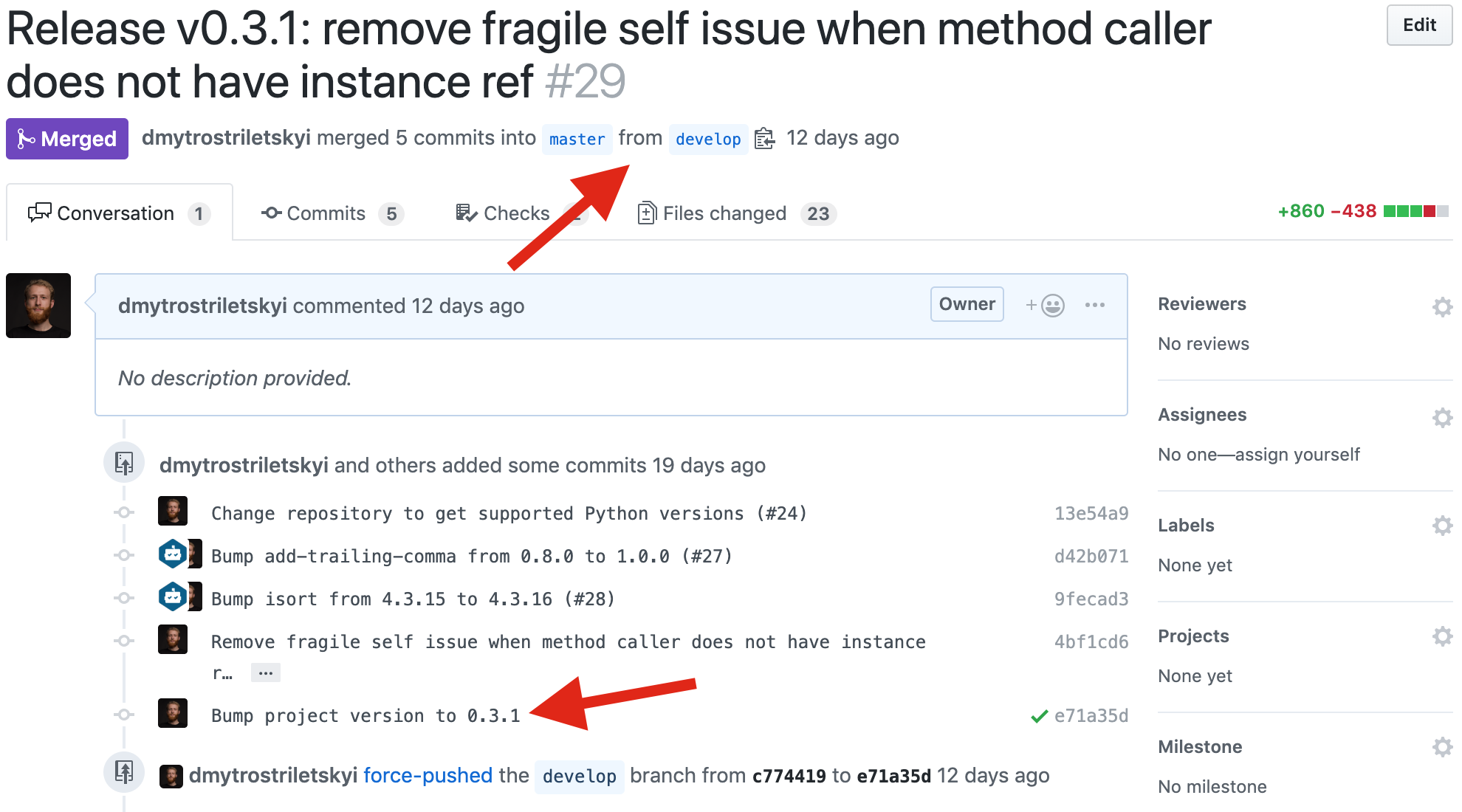 Example of the release pull request