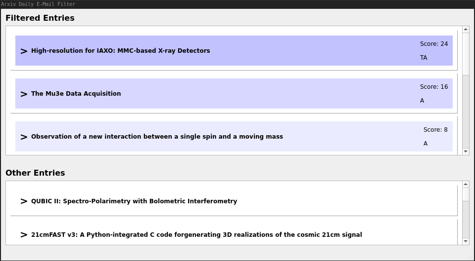 Program window showing filtered arXiv entries after copy/paste or drag-n-drop.
