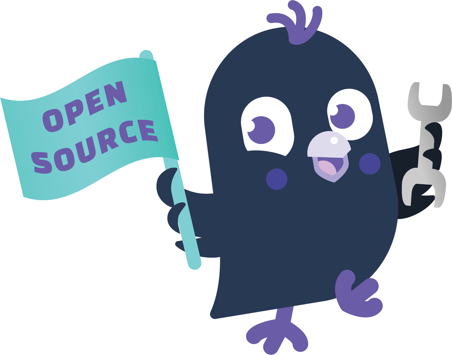An image of Sara, the Rasa mascot bird, holding a flag that reads Open Source with one wing, and a wrench in the other